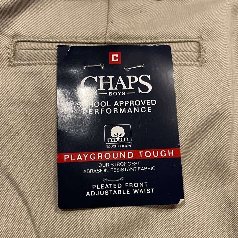 Chaps Boys’ khaki flat front size 20 Husky school approved performance p…‎